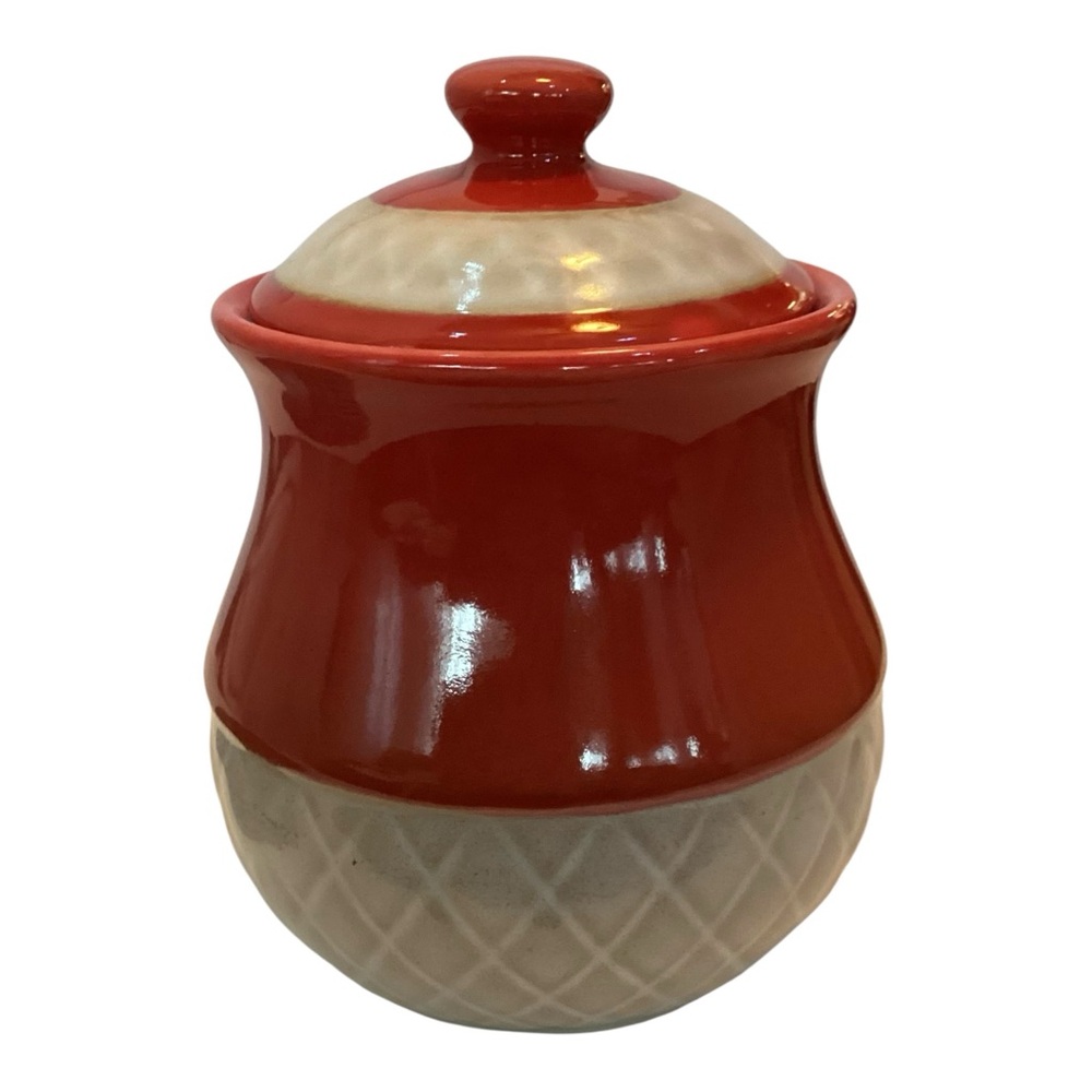 Vintage Stoneware Canister Red Tan Basket Weave Retro 1970s Kitchen Jar